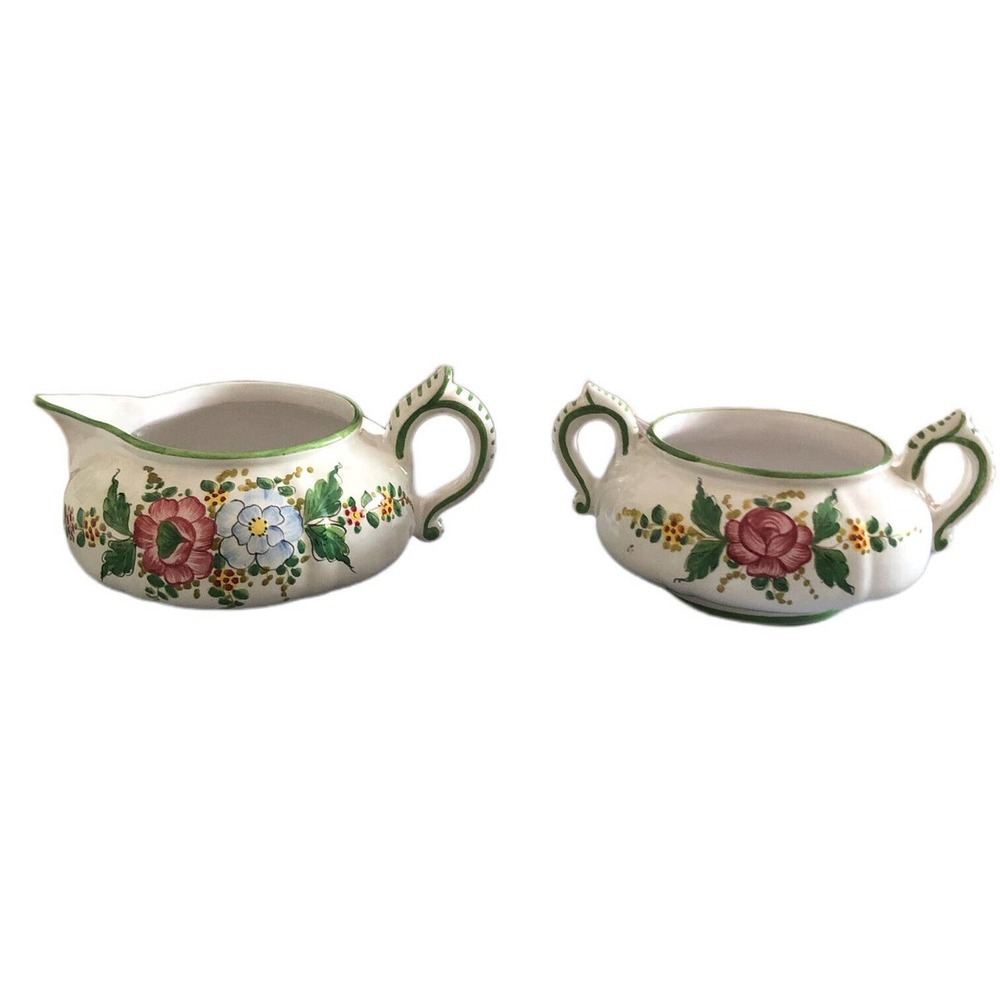 Fina Deruta Italy sugar bowl creamer Jug Floral Porcelain Hand Painted Signed